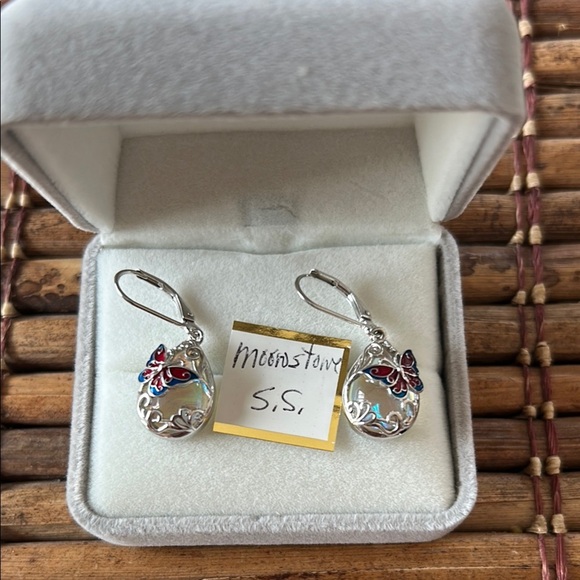 Moon stone Silver and Red Butterfly Earrings - Picture 1 of 3